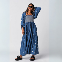 Moira™| Comfy Floral Lantern Sleeve Square Neck Maxi Dress - Dark Blue