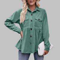 MARISA™ - Vintage Button Front Long Sleeve Collared Top - Green