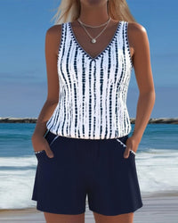 Mia™ | Casual Two Piece Printed V-Neck Swimsuit with Pockets - Navy Blue