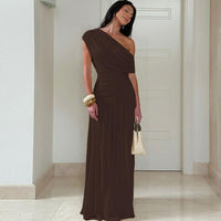 Mano™| Elegant One Shoulder Evening Bodycon Maxi Dress - Brown