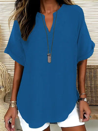 SEREIA™ - Casual Plain Short Sleeve Blouse - Blue