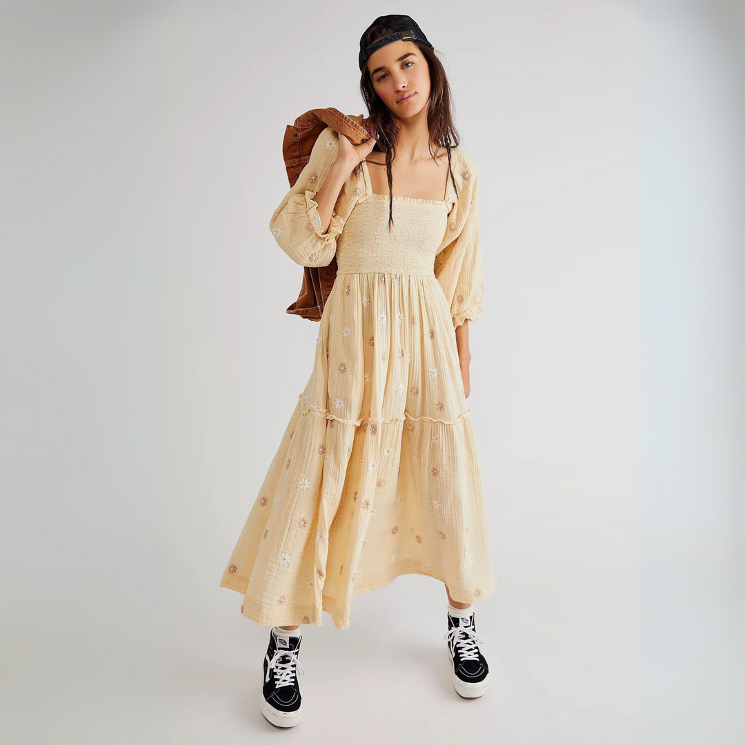Moira™| Comfy Floral Lantern Sleeve Square Neck Maxi Dress