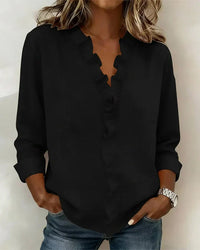 Indie | Blouse with Ruffles, V-Neck and Long Sleeves - Black