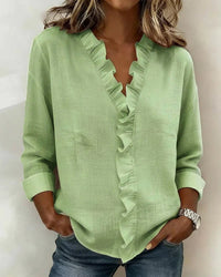 Indie | Blouse with Ruffles, V-Neck and Long Sleeves - Green