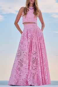 Larissa™ Embroidered Top & High-Waist Maxi Skirt Set | Elegant Two Piece Outfit - Pink