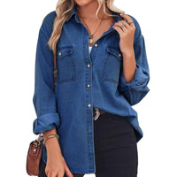 CHARLOTTE ™ - Vintage Long Sleeve Jean Shirt for Chic Casual Outfits - Dark Blue