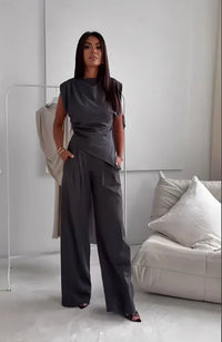 Diann™ Elegant Two-Piece Set | Draped Top and Wide-Leg Trousers - Dark Grey