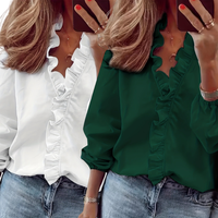 LORELEI™ - Timeless V-Neck Blouse with Ruffles for Casual Elegance - White/Green