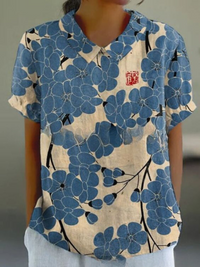 MARLENE™ | Women Vintage Print Shirt - White with Blue Flowers