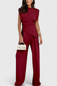 Diann™ Elegant Two-Piece Set | Draped Top and Wide-Leg Trousers - Red