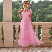 Hali™| Vintage Ruffle Hem Tie Shoulder Formal Dress - Pink