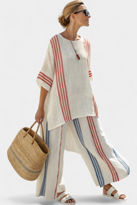 Alodia™ Elegant Two-Piece Set | Striped Top and Wide-Leg Trousers - White