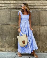 Nancy™ | Chic Retro Plaid Smocked Women Maxi Dress - Sky Blue