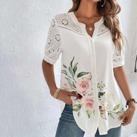 ANNELISE™ – Casual Lace Printed Blouse - Big Pink Flowers