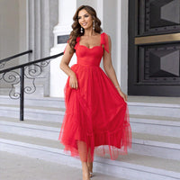 Hali™| Vintage Ruffle Hem Tie Shoulder Formal Dress - Red