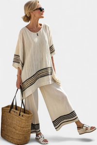 Alodia™ Elegant Two-Piece Set | Striped Top and Wide-Leg Trousers - White-Black