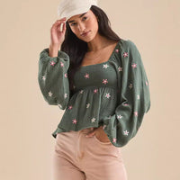 SILA™ - Comfy Floral Pleated Long Sleeve Top - Green