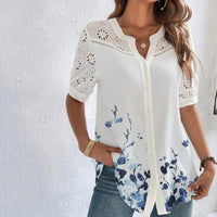 ANNELISE™ – Casual Lace Printed Blouse - Dark Blue Flowers