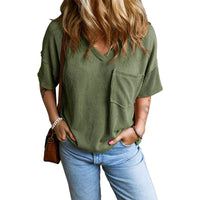 JANELLE™ | Casual Textured Pocket V-Neck Tee - Green