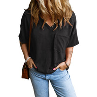 JANELLE™ | Casual Textured Pocket V-Neck Tee - Black