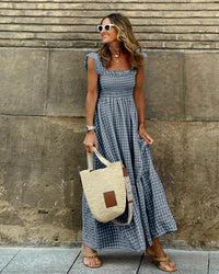 Nancy™ | Chic Retro Plaid Smocked Women Maxi Dress - Black
