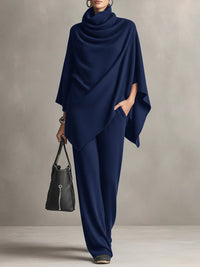 Sarina™ Elegant Drape Two-Piece Set | Flowing Top and Wide-Leg Trousers - Navy Blue