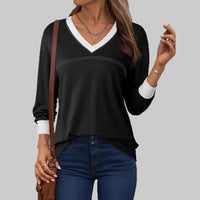 ANESHA™ - Casual Long Sleeve V-Neck Top - Black