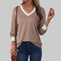 ANESHA™ - Casual Long Sleeve V-Neck Top - Caramel