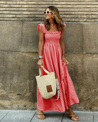 Nancy™ | Chic Retro Plaid Smocked Women Maxi Dress - Red
