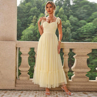 Hali™| Vintage Ruffle Hem Tie Shoulder Formal Dress - Yellow