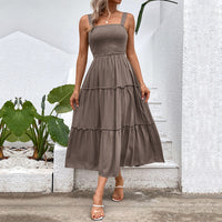 Fiorelle™ | Vintage Frill Hem Shirred Backless Sundress - Coffee