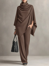 Sarina™ Elegant Drape Two-Piece Set | Flowing Top and Wide-Leg Trousers - Brown