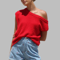 JUDITH™ - Classy Off Shoulder  Short Sleeve Sweater Blouse - Red