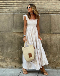 Nancy™ | Chic Retro Plaid Smocked Women Maxi Dress - Beige