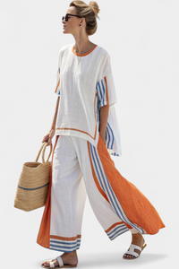 Alodia™ Elegant Two-Piece Set | Striped Top and Wide-Leg Trousers - White-Orange