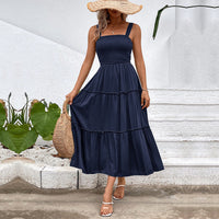 Fiorelle™ | Vintage Frill Hem Shirred Backless Sundress - Navy Blue