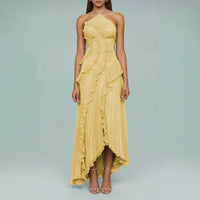 Regine™ | Elegant Halter Neck Lotus Summer Maxi Dress - Yellow