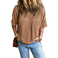 JANELLE™ | Casual Textured Pocket V-Neck Tee - Beige