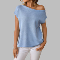 JUDITH™ - Classy Off Shoulder  Short Sleeve Sweater Blouse - Blue