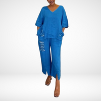Briella™ Elegant Two-Piece Summer Set | V-Neck Top and Wide-Leg Pants - Blue