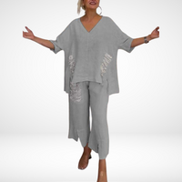 Briella™ Elegant Two-Piece Summer Set | V-Neck Top and Wide-Leg Pants - Grey