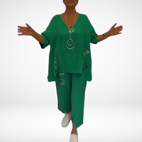 Briella™ Elegant Two-Piece Summer Set | V-Neck Top and Wide-Leg Pants - Green