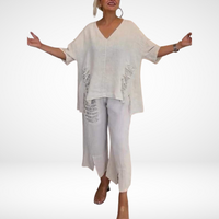 Briella™ Elegant Two-Piece Summer Set | V-Neck Top and Wide-Leg Pants - White
