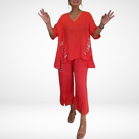 Briella™ Elegant Two-Piece Summer Set | V-Neck Top and Wide-Leg Pants - Red