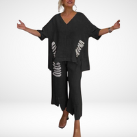 Briella™ Elegant Two-Piece Summer Set | V-Neck Top and Wide-Leg Pants - Black