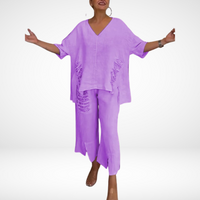 Briella™ Elegant Two-Piece Summer Set | V-Neck Top and Wide-Leg Pants - Purple