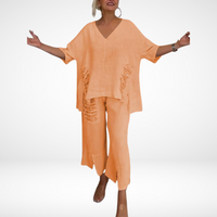 Briella™ Elegant Two-Piece Summer Set | V-Neck Top and Wide-Leg Pants - Orange
