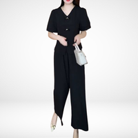 Elsie™ Elegant Short-Sleeve Two-Piece Set | V-Neck Top and Wide-Leg Pants - Black