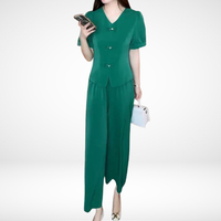 Elsie™ Elegant Short-Sleeve Two-Piece Set | V-Neck Top and Wide-Leg Pants - Green