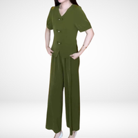 Elsie™ Elegant Short-Sleeve Two-Piece Set | V-Neck Top and Wide-Leg Pants - Dark Green